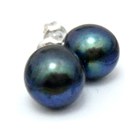 Green 8.8mm Button Pearl Stud Earrings on Silver